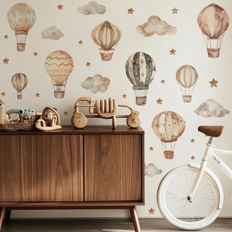 Cartoon Hot Air Balloon Wall Stickers for Kids Rooms Children Room Nursery Baby Room Decoration Cloud Stars Wall Decal Wallpaper