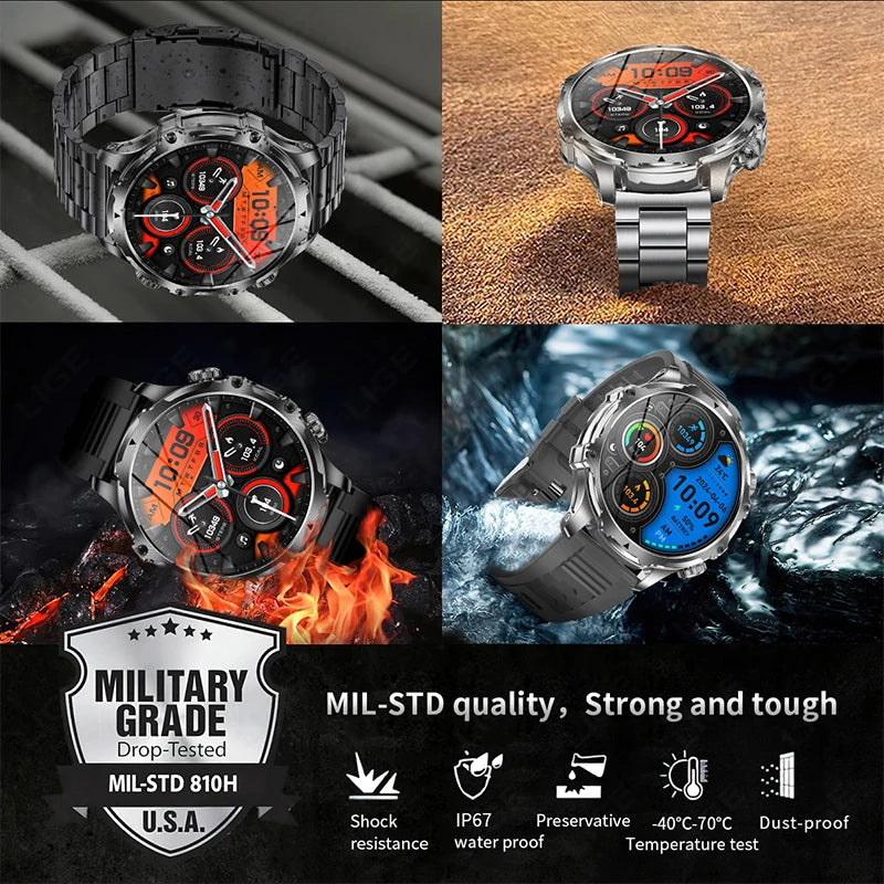 LIGE Men Outdoors Sports Smart Watch AK75 Flashlight 700mah Large Battery Bluetooth Calling LED Light Fitness Tracker Smartwatch