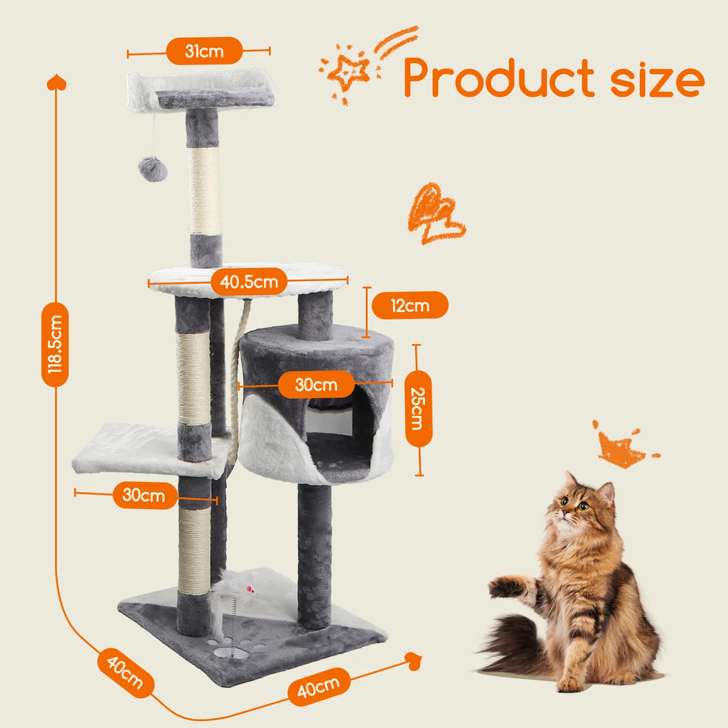 Cat Scratcher, Height 118.5 cm, Stable Cat Tree, 3 Platforms, 1 Cave, 1 Pom Pom, 1 Plush Toy