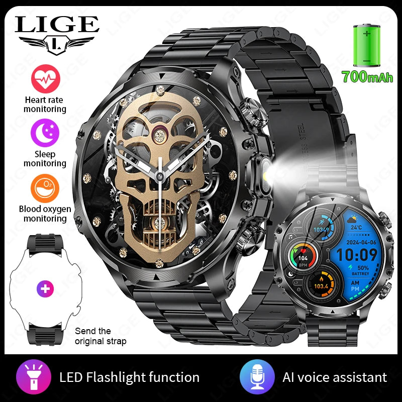 LIGE Men Outdoors Sports Smart Watch AK75 Flashlight 700mah Large Battery Bluetooth Calling LED Light Fitness Tracker Smartwatch