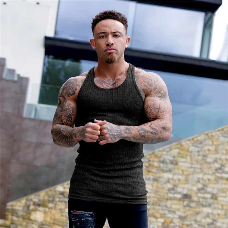 Pit Stripes Knitted Y Back Fitness Tank Tops Mens Bodybuilding Stringer Singlets Slim Fit Muscle Sleeveless Shirt Gym Clothing