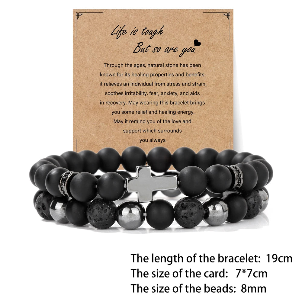 2pcs/set Natural Stone Lion Bracelets For Men Matte Black Onyx Hematite Volcanic Beads Bracelet Skull Fitness Jewelry Gift