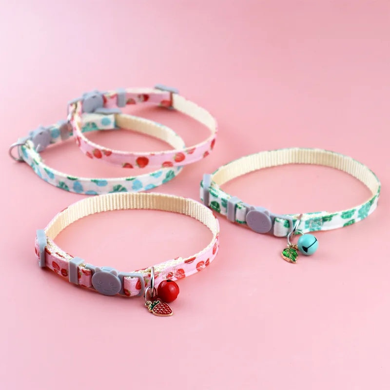 Cat Collar Adjustable Printed Pet Collar with Bell Strawberry and Green Leaf Leash D Ring for Kittens & Puppies Pet Accessories