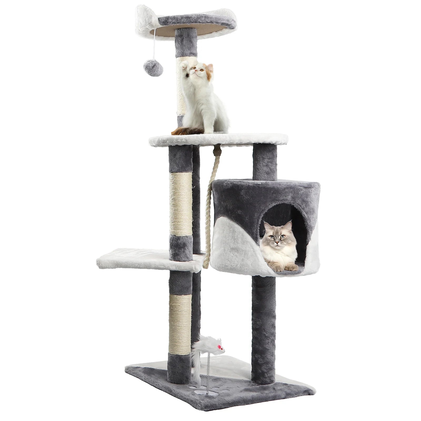 Cat Scratcher, Height 118.5 cm, Stable Cat Tree, 3 Platforms, 1 Cave, 1 Pom Pom, 1 Plush Toy