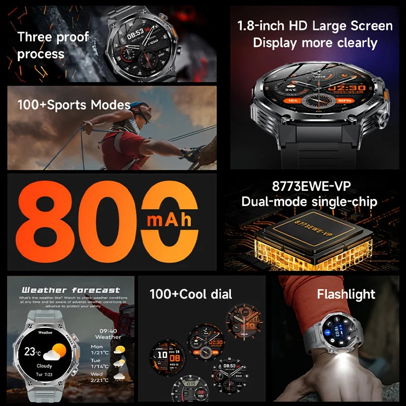 2025 New 1.9inch Men Smart Watch Flashlight Outdoors Sports Fitness Tracker 800mah Large Battery IPX8 Waterproof LED Smartwatch