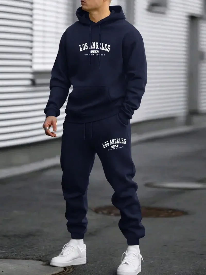 Men's sportswear set, fashionable street style city name printed sportswear for autumn and winter outdoor fitness and jogging ca