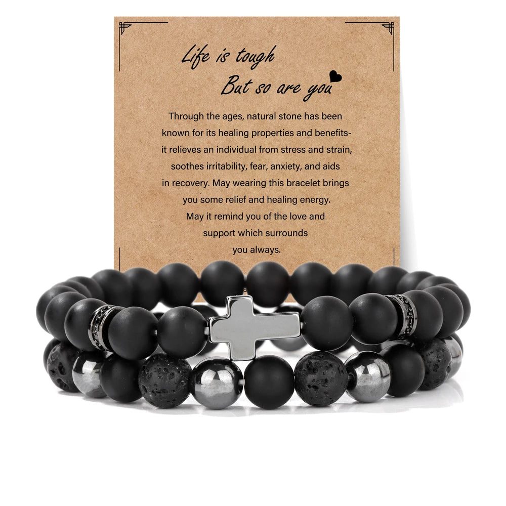 2pcs/set Natural Stone Lion Bracelets For Men Matte Black Onyx Hematite Volcanic Beads Bracelet Skull Fitness Jewelry Gift