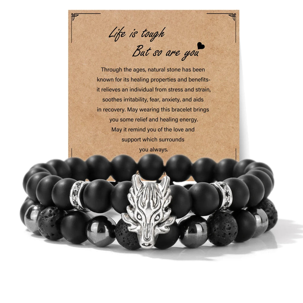 2pcs/set Natural Stone Lion Bracelets For Men Matte Black Onyx Hematite Volcanic Beads Bracelet Skull Fitness Jewelry Gift