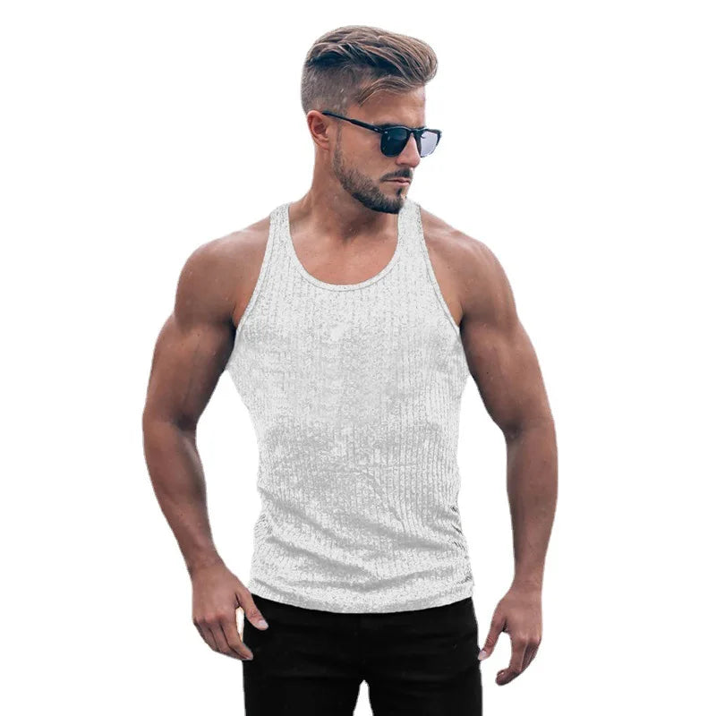 Pit Stripes Knitted Y Back Fitness Tank Tops Mens Bodybuilding Stringer Singlets Slim Fit Muscle Sleeveless Shirt Gym Clothing