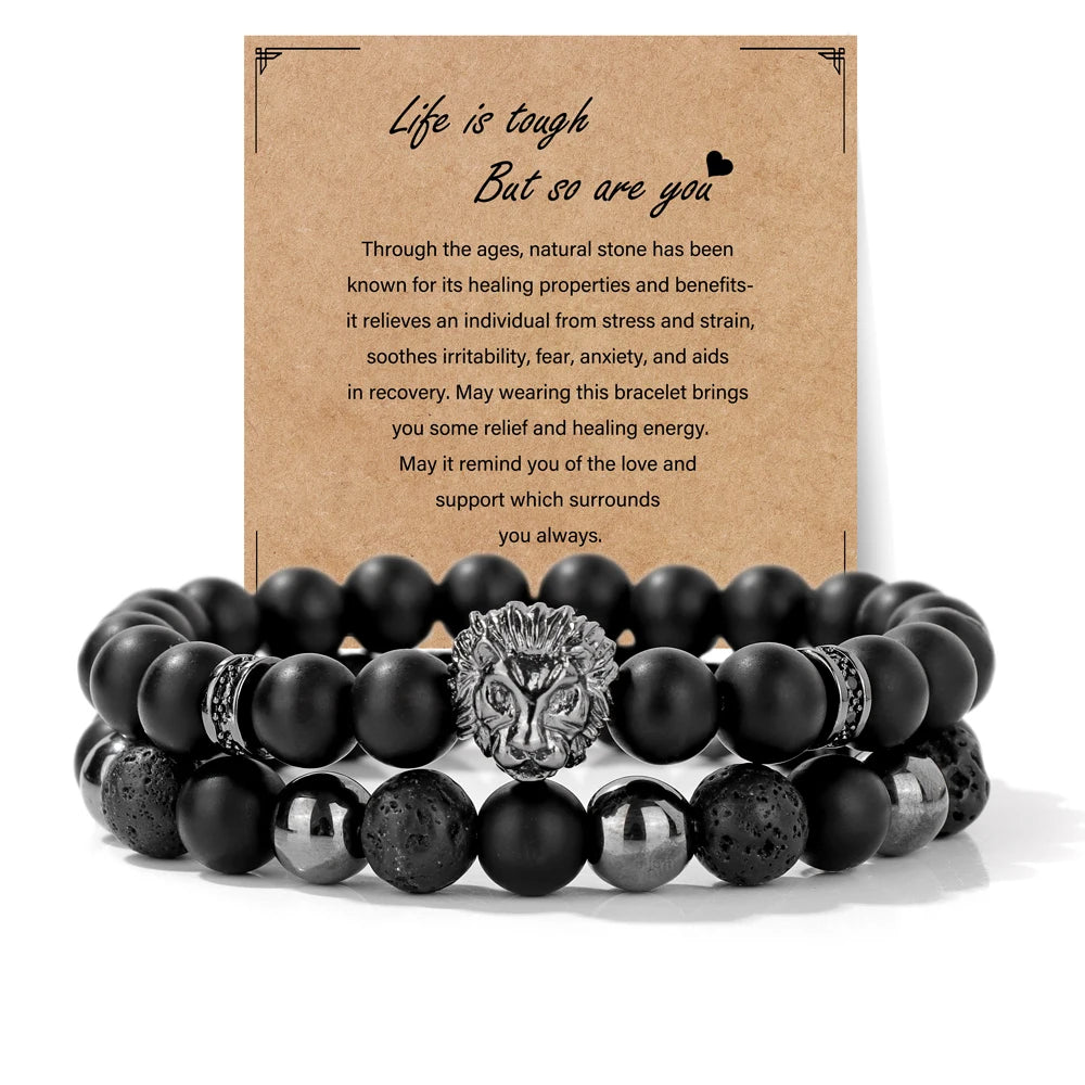 2pcs/set Natural Stone Lion Bracelets For Men Matte Black Onyx Hematite Volcanic Beads Bracelet Skull Fitness Jewelry Gift