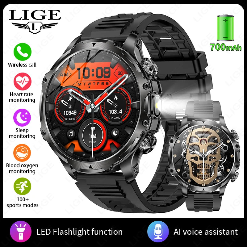 LIGE Men Outdoors Sports Smart Watch AK75 Flashlight 700mah Large Battery Bluetooth Calling LED Light Fitness Tracker Smartwatch