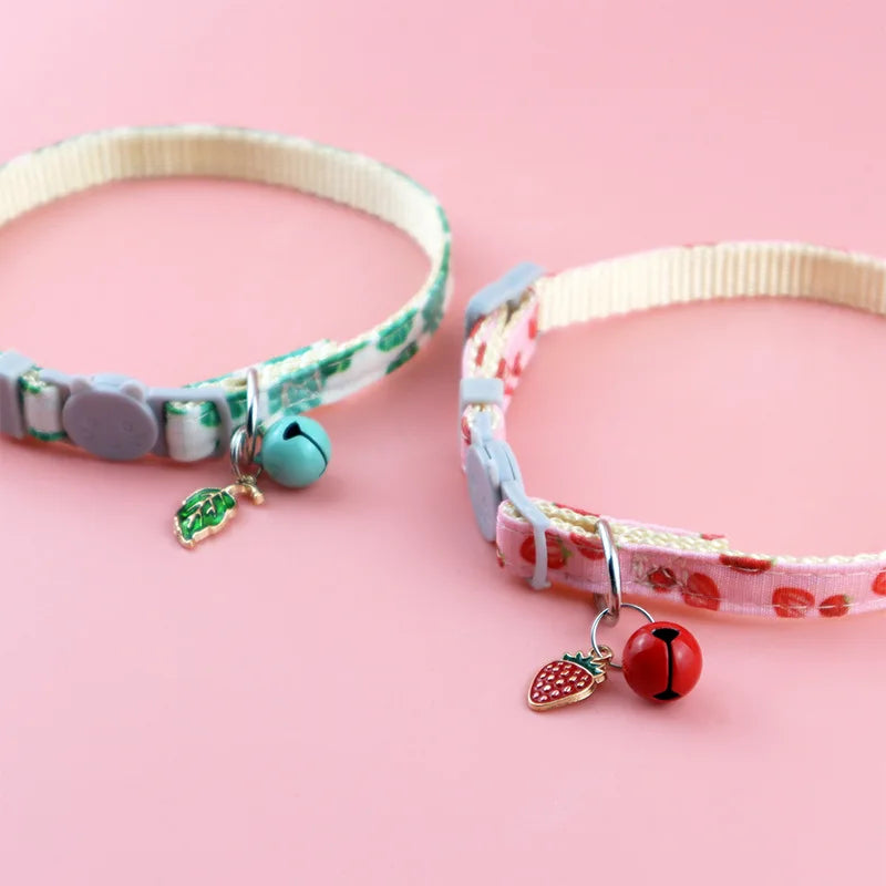 Cat Collar Adjustable Printed Pet Collar with Bell Strawberry and Green Leaf Leash D Ring for Kittens & Puppies Pet Accessories