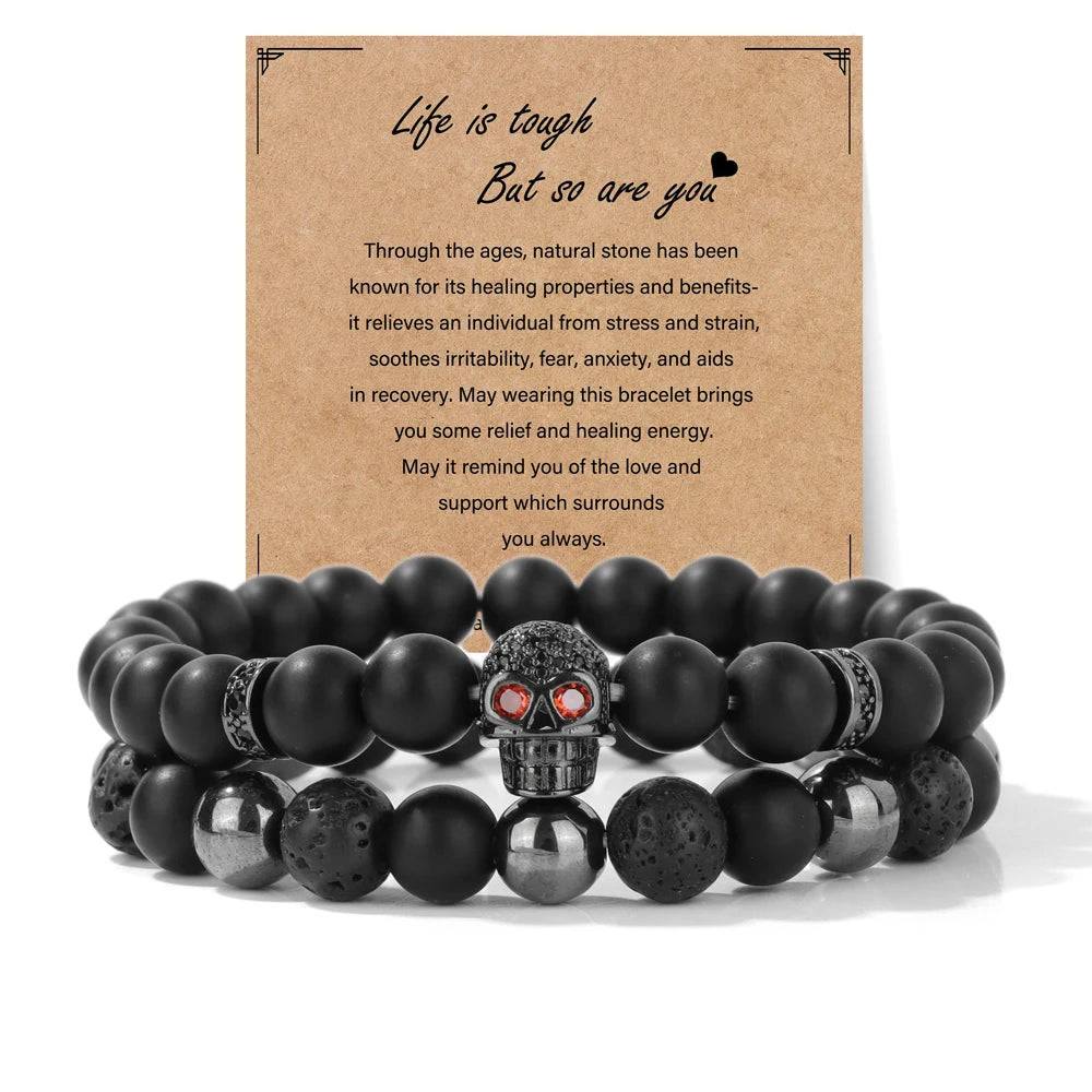 2pcs/set Natural Stone Lion Bracelets For Men Matte Black Onyx Hematite Volcanic Beads Bracelet Skull Fitness Jewelry Gift