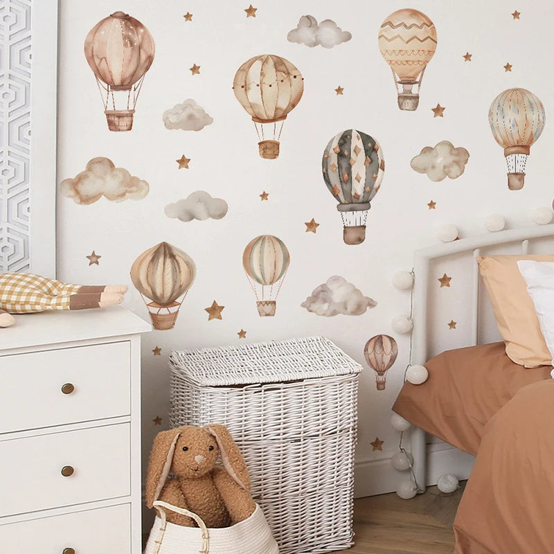 Cartoon Hot Air Balloon Wall Stickers for Kids Rooms Children Room Nursery Baby Room Decoration Cloud Stars Wall Decal Wallpaper
