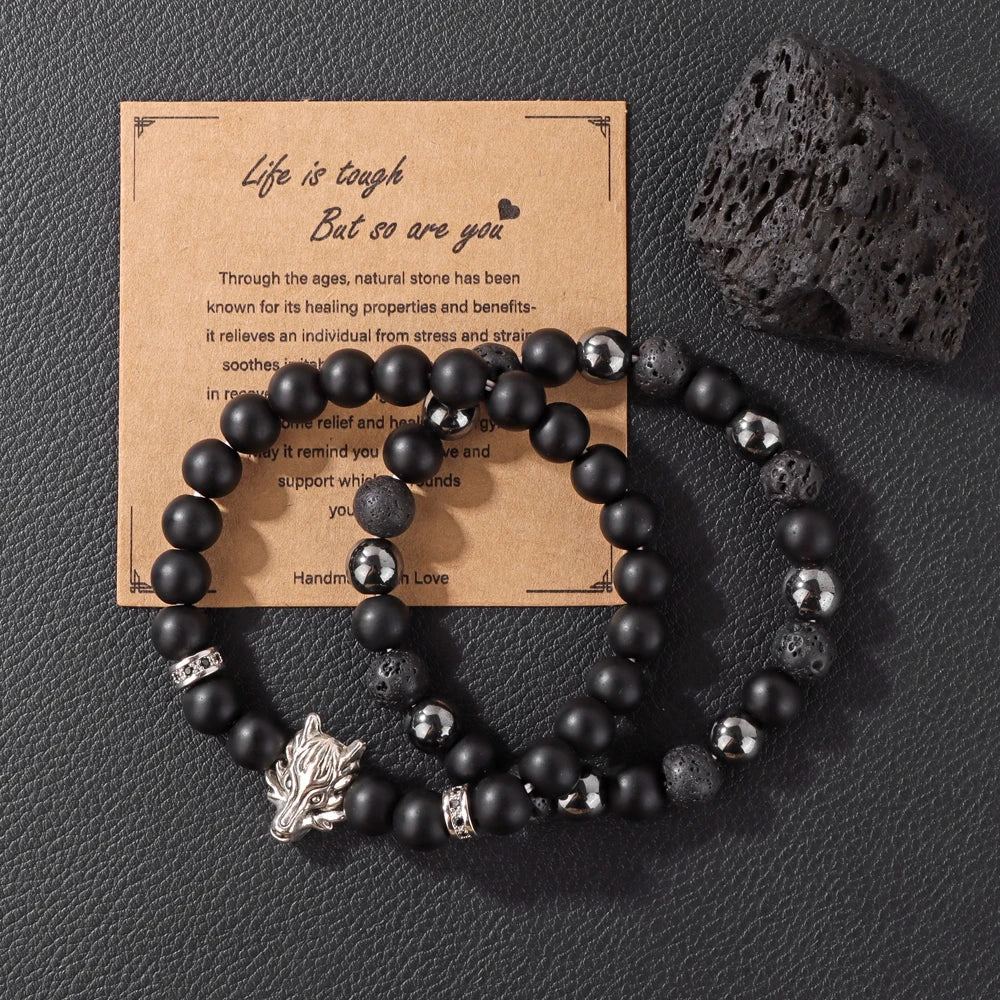 2pcs/set Natural Stone Lion Bracelets For Men Matte Black Onyx Hematite Volcanic Beads Bracelet Skull Fitness Jewelry Gift