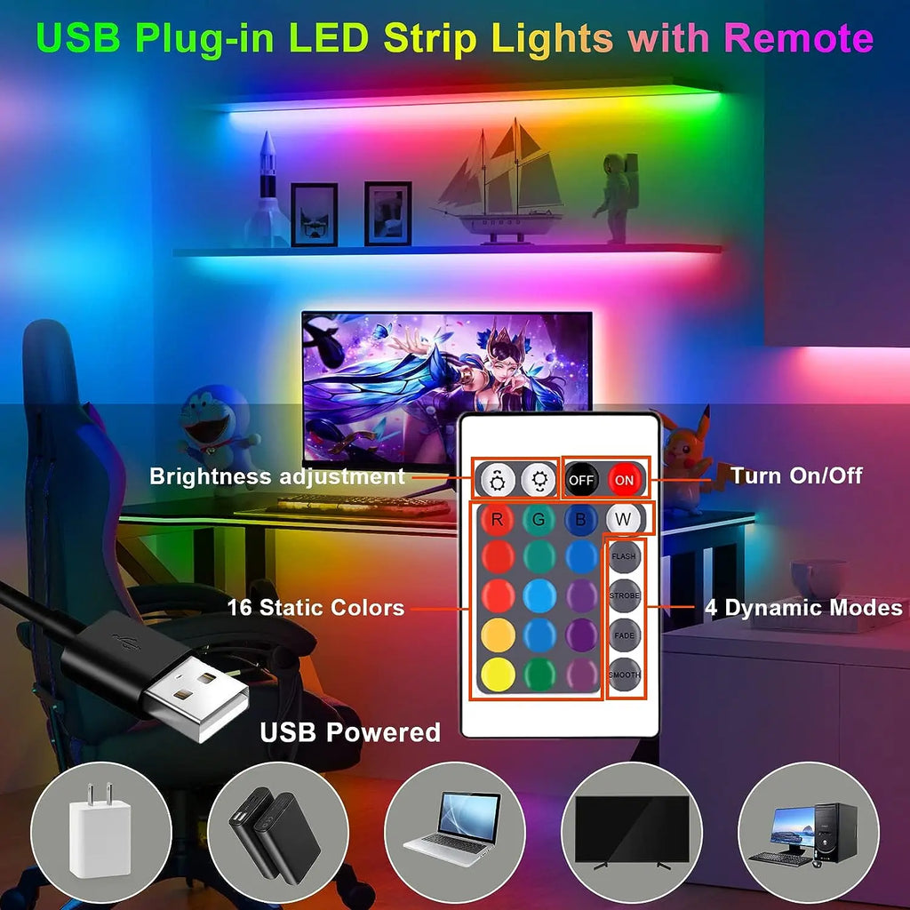 60LEDs/m USB LED Lights Strip Tape 2m 2835 24 Key IR Remote Control for Kitchen Closet Bedroom PC TV Backlight Home Lighting