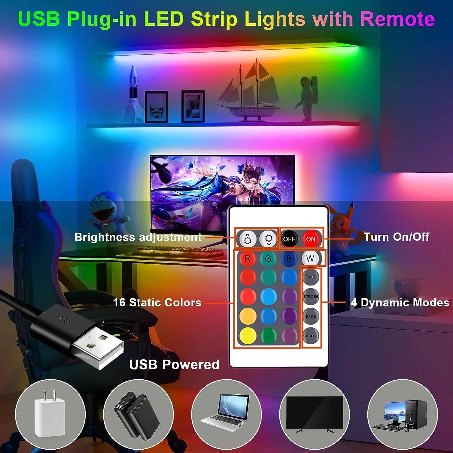 60LEDs/m USB LED Lights Strip Tape 2m 2835 24 Key IR Remote Control for Kitchen Closet Bedroom PC TV Backlight Home Lighting