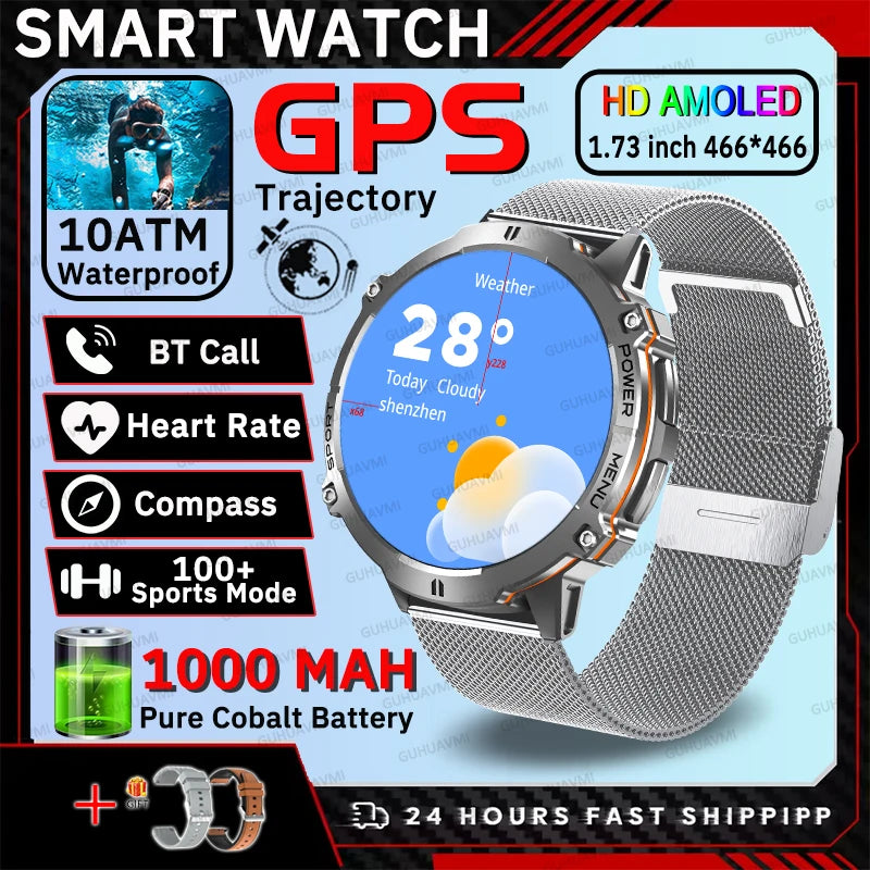2026 New Outdoors Sports Smart Watch Screen 10ATM Waterproof 1000mAh Sports Blood oxygen BT call Men Fitness Smart Bracelets
